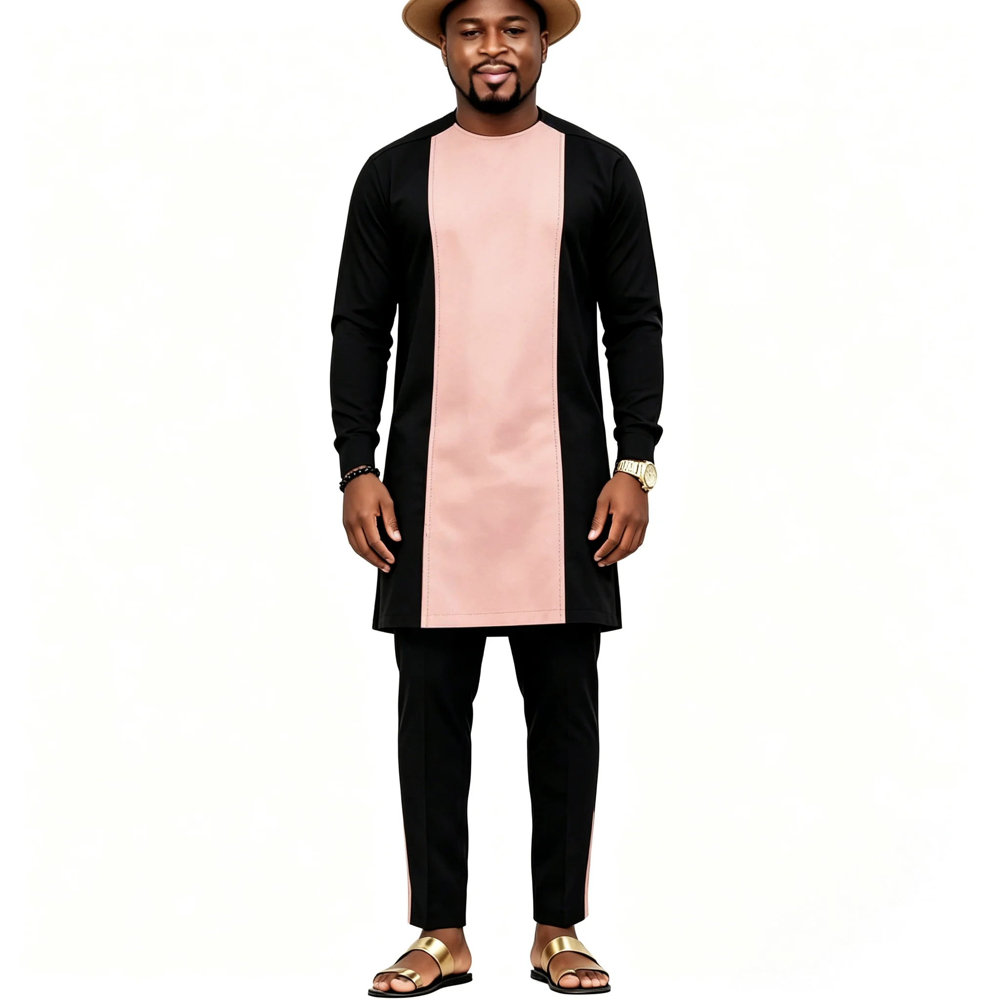Original Design African Clothes Retro Style Black Men's Sets Patchwork Suit Tops+Pant Nigerian Fashion Part Wear Tailored
