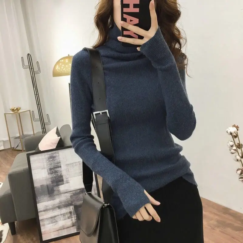 Fashion Sweater wanita lengan panjang, pakaian kantor wanita elegan Semua cocok, Turtleneck lengan panjang warna Solid, kesederhanaan