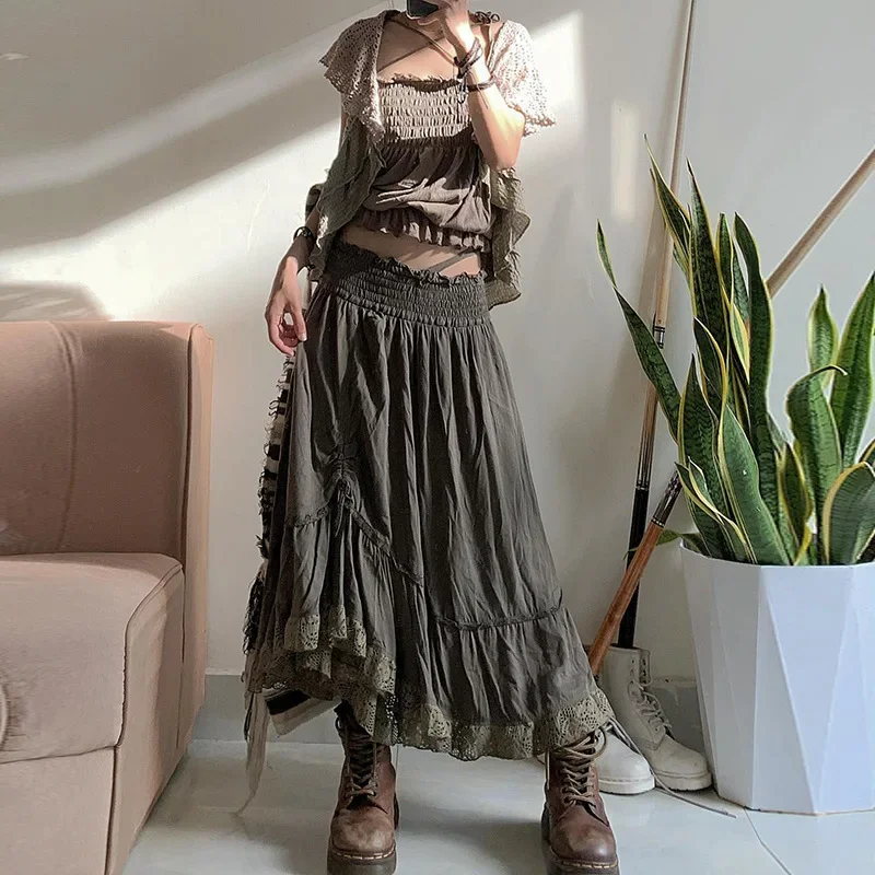 WOWOOTD  Fairy Lace Splice Shirring Midi Skirts Retro Y2k Grunge Ruffles Asymmetric Bottoms Goblincore Streetwear Long