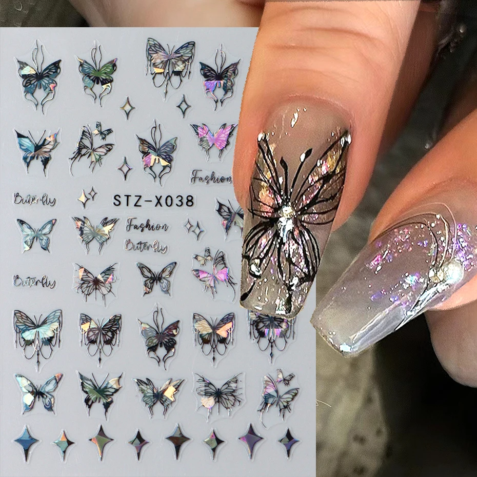 Black White Butterfly Laser Nail Stickers Y2K Nail Art Decoration Abstract Metal Lines Bronzing Lace Flowers Stickers For Nails image 4