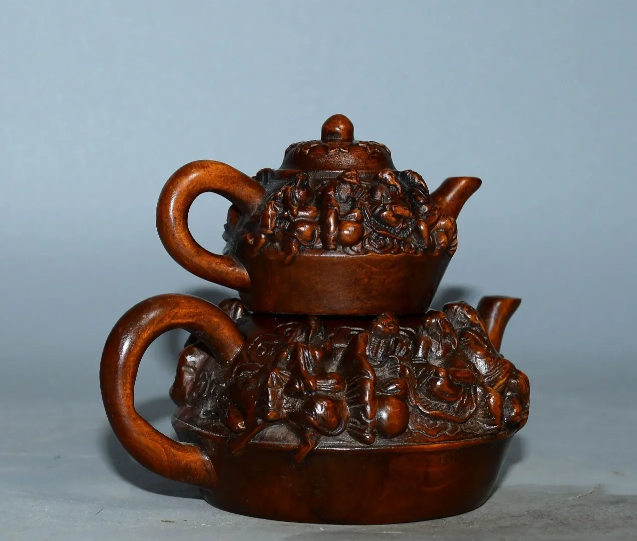 China Antique Boxwood Carved Eight Immortals Teapot Statue Wooden Figurines Art