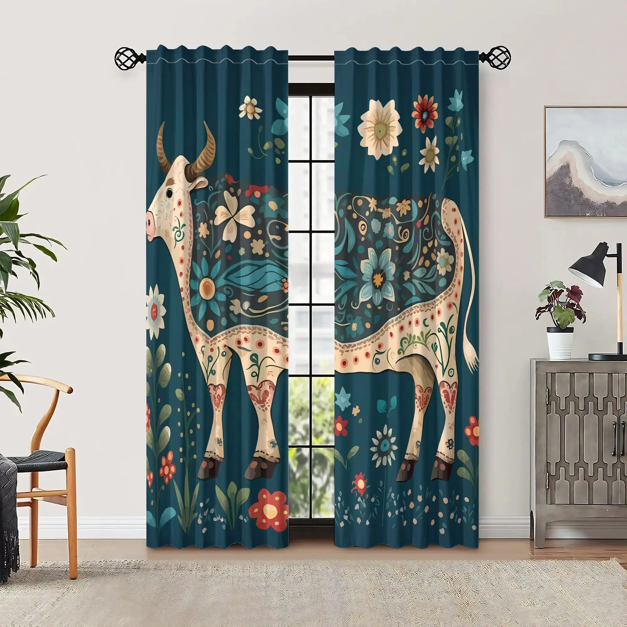 2pcs Folk Art Water Buffalo Curtains - Vintage Floral & Buffalo Print on Navy Blue,  Polyester Light Blocking Machine Was