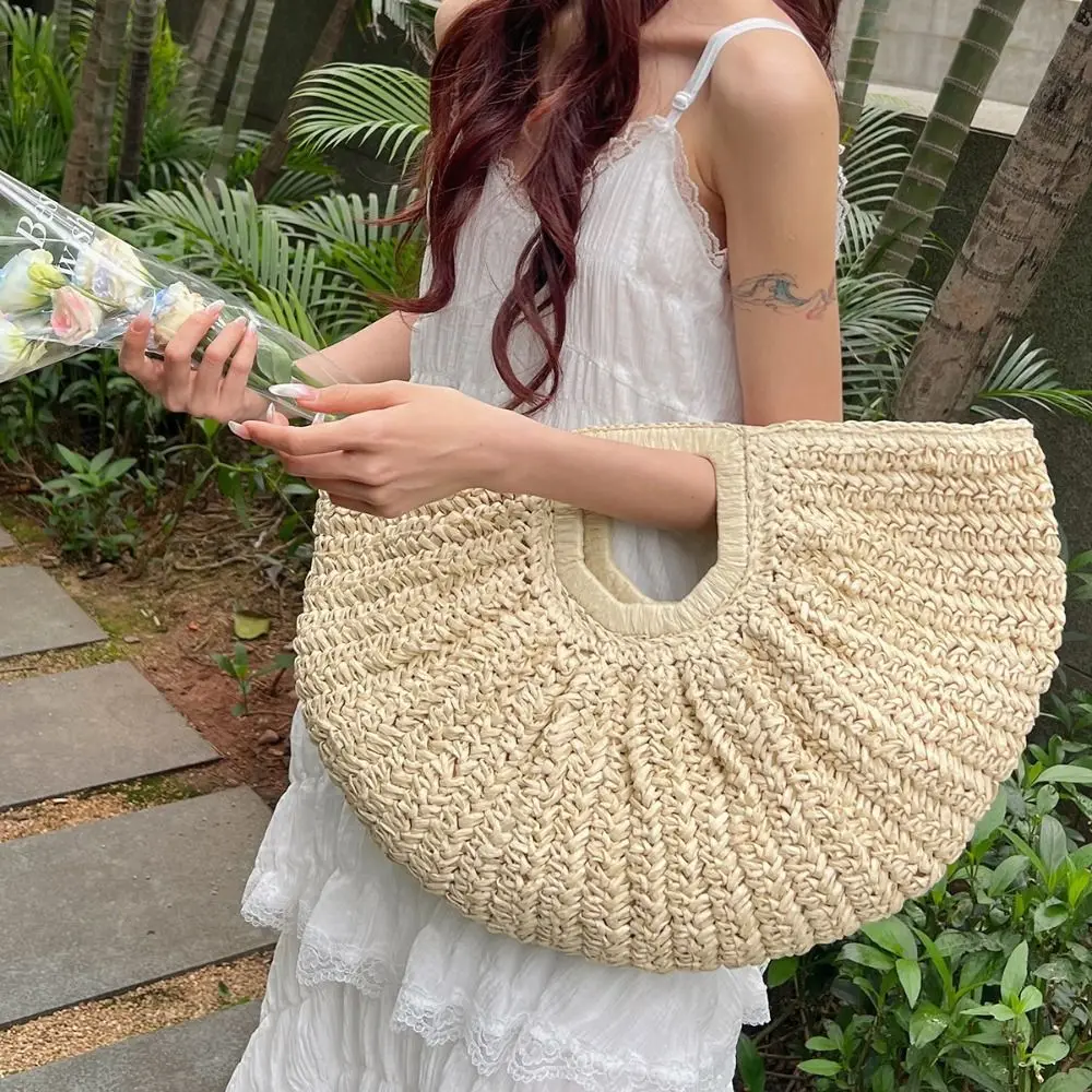 Повседневная соломенная сумка большой емкости из лафита, сумка-тоут в форме полумесяца на запястье, морская сумка, модная летняя пляжная сумка для девочек