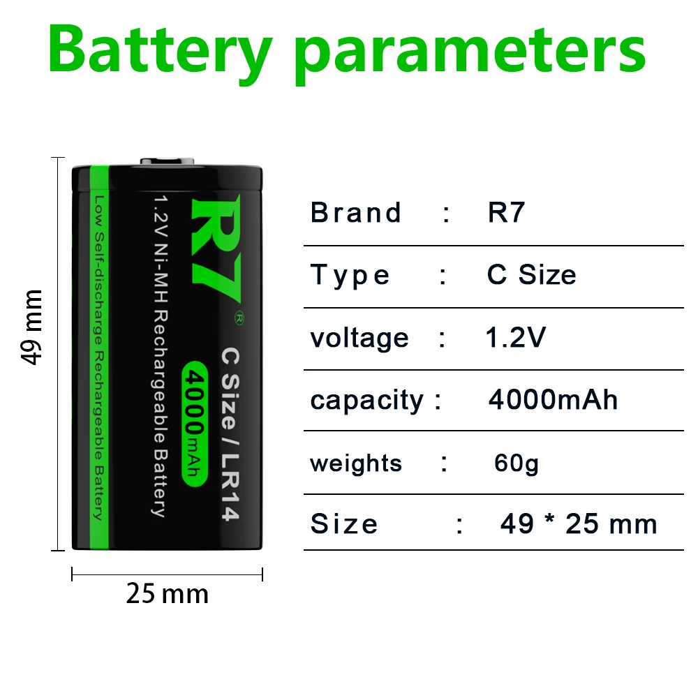 R7 Brand C Size Rechargeable Battery 4000mAh R14 Type C Battery 1.2V NI-MH Rechargeable C Battery for Gas Cooker Flashlight