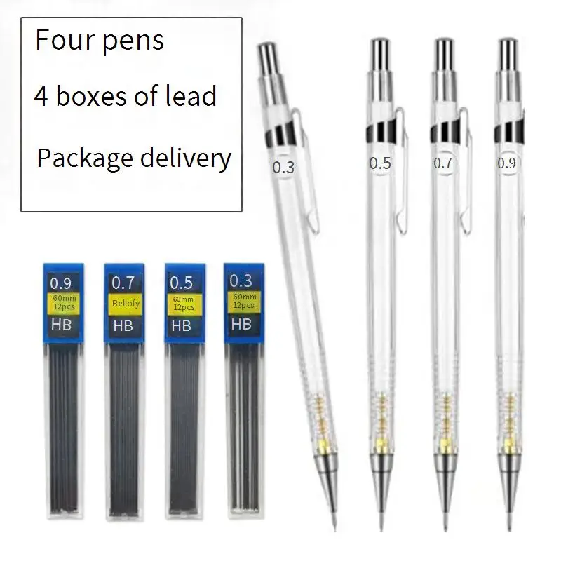 Pensil mekanis transparan 0.3/0.5/0.7/0.9mm dengan Set isi ulang siswa menulis alat tulis lukisan hadiah anak