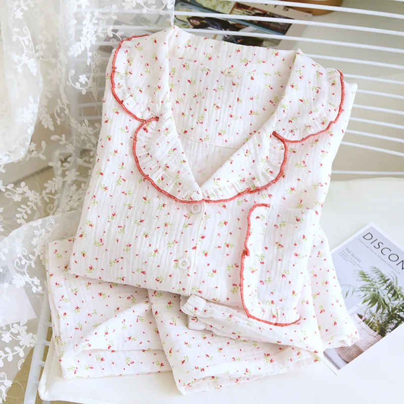 

Женский весенне-летний маленький пижамный комплект со свежим цветочным принтом, хлопковый креп с воротником в виде грибка, комплект из 2 предметов, одежда для дома, женские пижамы