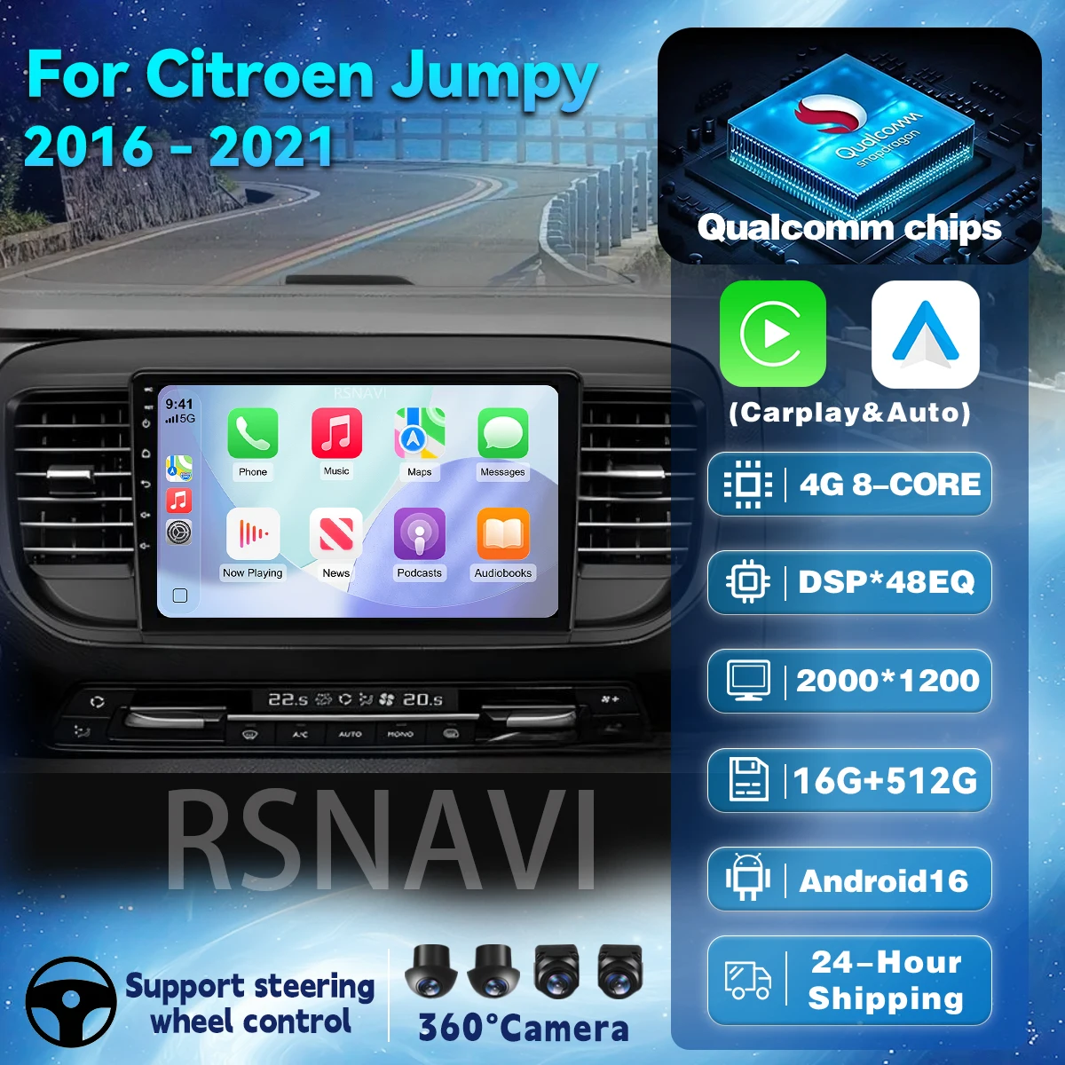 Android 16 Carplay Auto 2K Screen Car Radio Multimedia Video Player For Citroen Jumpy 3 SpaceTourer 2016 - 2021 Autoradio Stereo