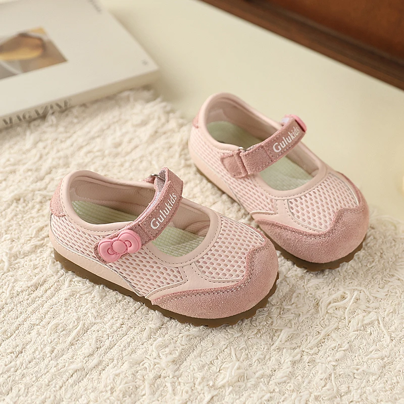 Kids Breathable Mesh Mary Jane Flats Suede Anti-Collision Toe Button Strap Non Slip Summer Casual Walking Soft Suede Patch Toe