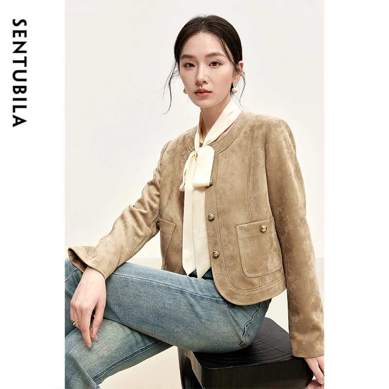 SENTUBILA Texture Loose Fit Jackets for Women 2024 Winter Retro Metal Single Breasted Crew Collar Cropped Tops Ladies 143W56459