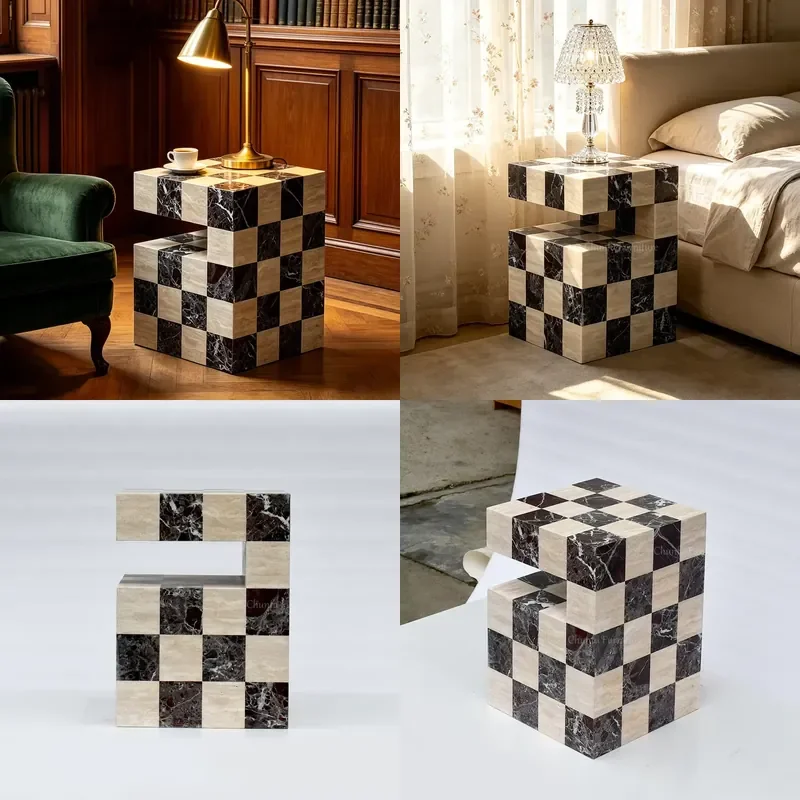 Modern Scandinavian Checkerboard Marble Coffee Table Geometric Sculptural Natural Stone Accent Piece for Living Room