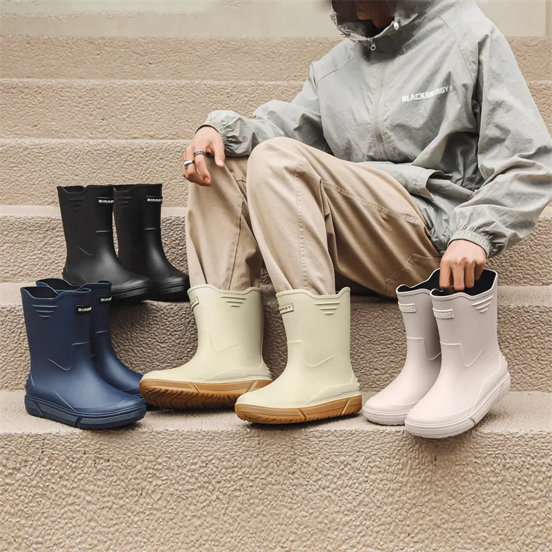 Cross-border Korean mid-calf rain boots men's non-slip wear-resistant rain shoes waterproof rubber boots couple water shoes 2024