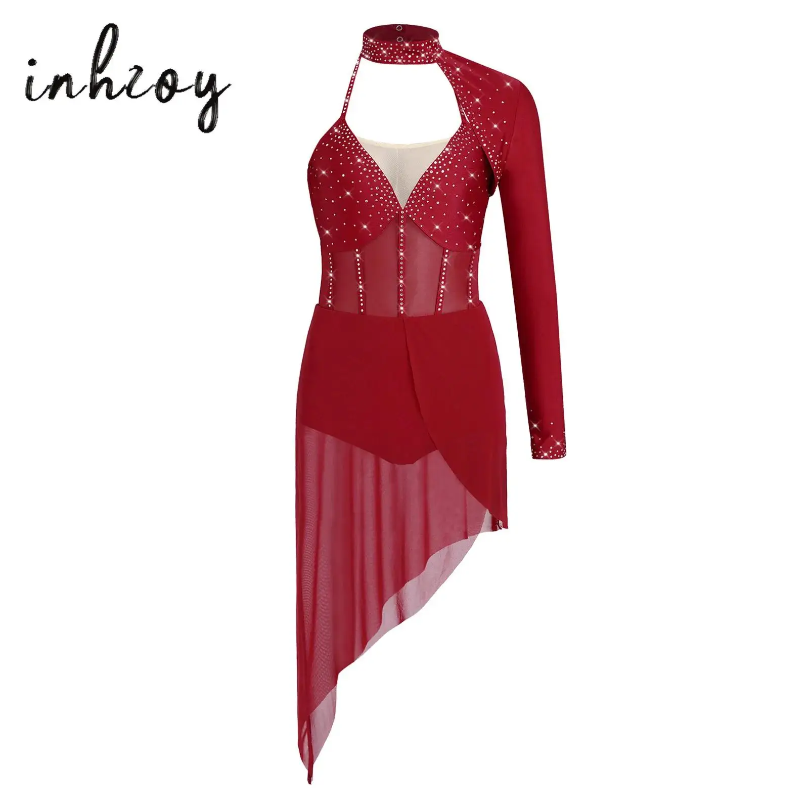 

Adults Womens Gymnastics Artistic Figure Skating Ballet Lyrical Dance Performance Costumes Rhinestones Long Sleeve Dance Dresses