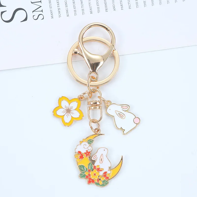 Mode Süße Emaille Kirschblüte Kaninchen Schlüsselbund für Frauen Mädchen Nette Mond Blume Schlüssel Kette Tasche Auto Schlüssel Anhänger Schmuck Geschenk – Detail 3