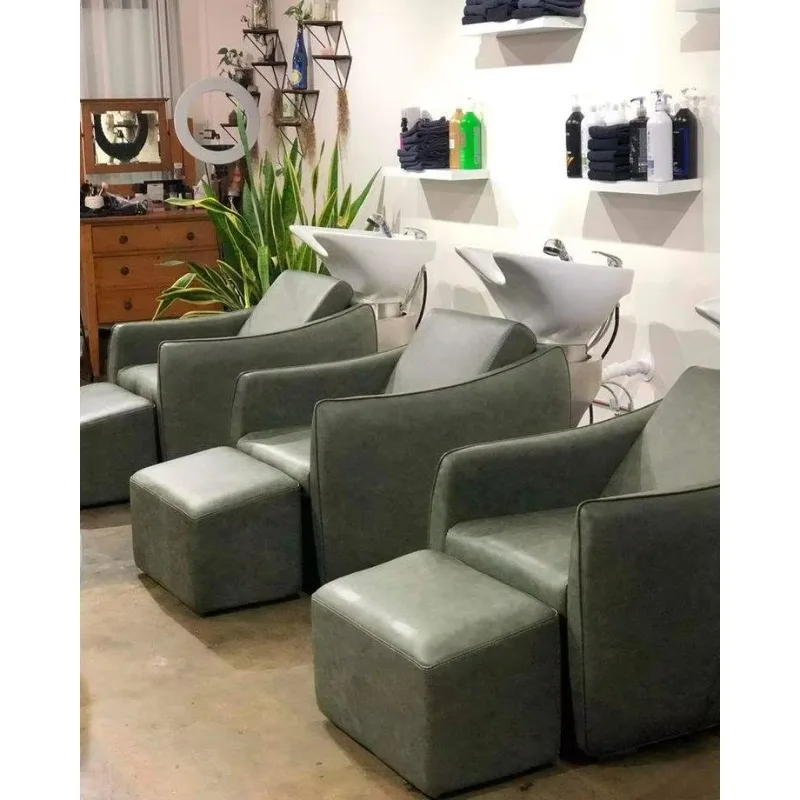 Hairdresser Salon Head Spa Washing Green Shampoo Chair with Foot Stand Ceramic Shampoo Bowls Sink and Chairs for Barber Shop
