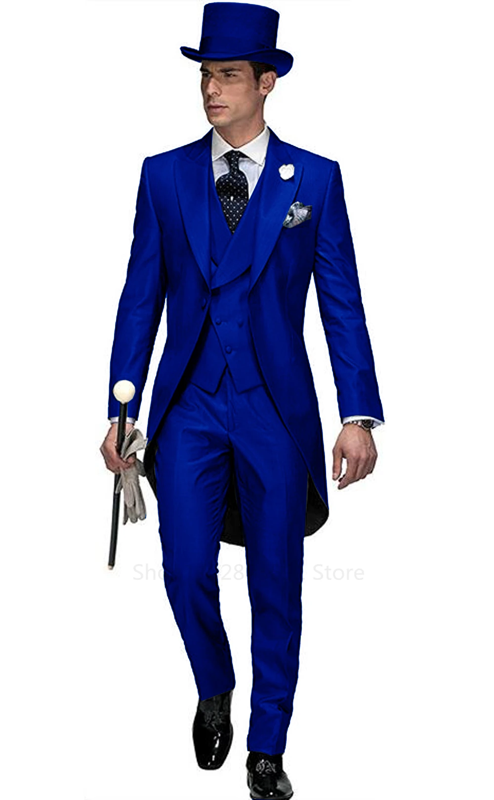 2024 Blue Wedding Men Tail Coat 3 Piece Groom Tuxedo for Formal Prom Male Suits Fashion Set Jacket with Pants Vest