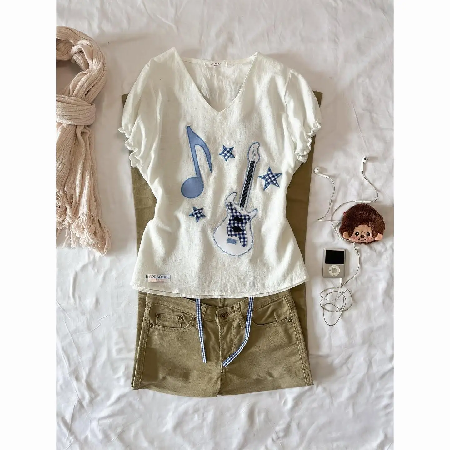 White V-Neck Guitar & Music Note Appliqué Gingham Star Ruffle Sleeve Y2K Tee Chic Lovely Preppy Style Y2K JAPANESE Style Summer