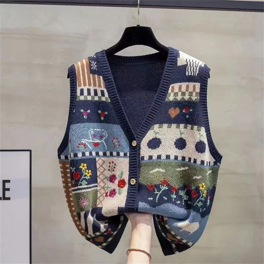 Korean Top for Women Clothing retro embroidered Vest 2023 Autumn New Sweater Flower knitted vest   Sleeveless V-Neck cardigan Ve