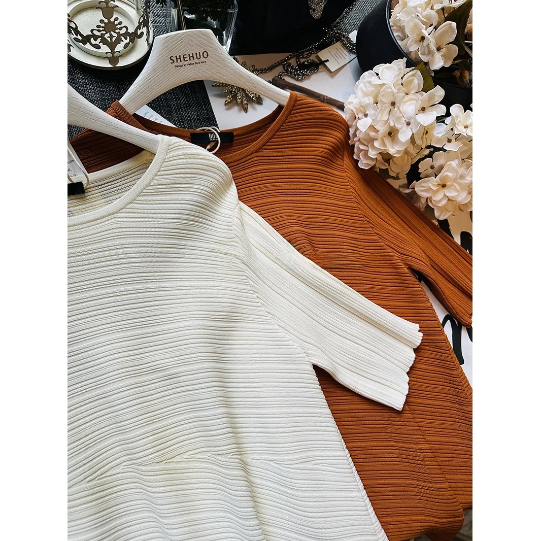 Poetic Accordion Pleat Knit Cover up Sleeve Split Slimming a Line Women's Sweater Sweet Style Loose Fit Long Sleeve round Neck