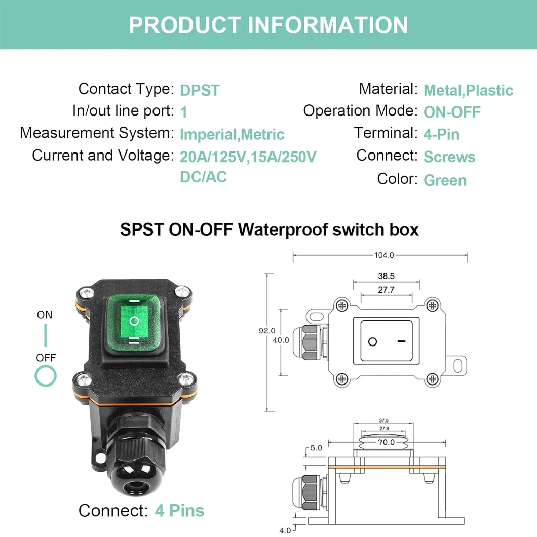 ABILKEEN Rocker Switch Push Button Box AC220V 15/30A DPST ON-OFF-ON Rocker Toggle Switch Box Single Port Output Green LED Light