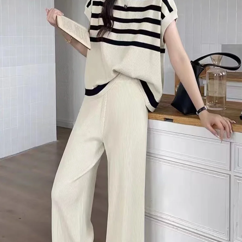 Women\'s 2024 New KPOP Fashion Style Retro Loose Casual Pant Suit Office Lady Striped Knitting Cotton Linen Solid O Neck Chic Top