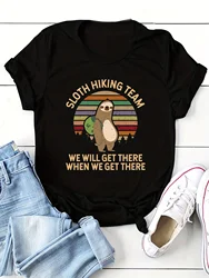 Sloth Hiking Team Print Graphic T-Shirt, Crew Neck Short Sleeve Casual Every Day Top, Women's Clothing