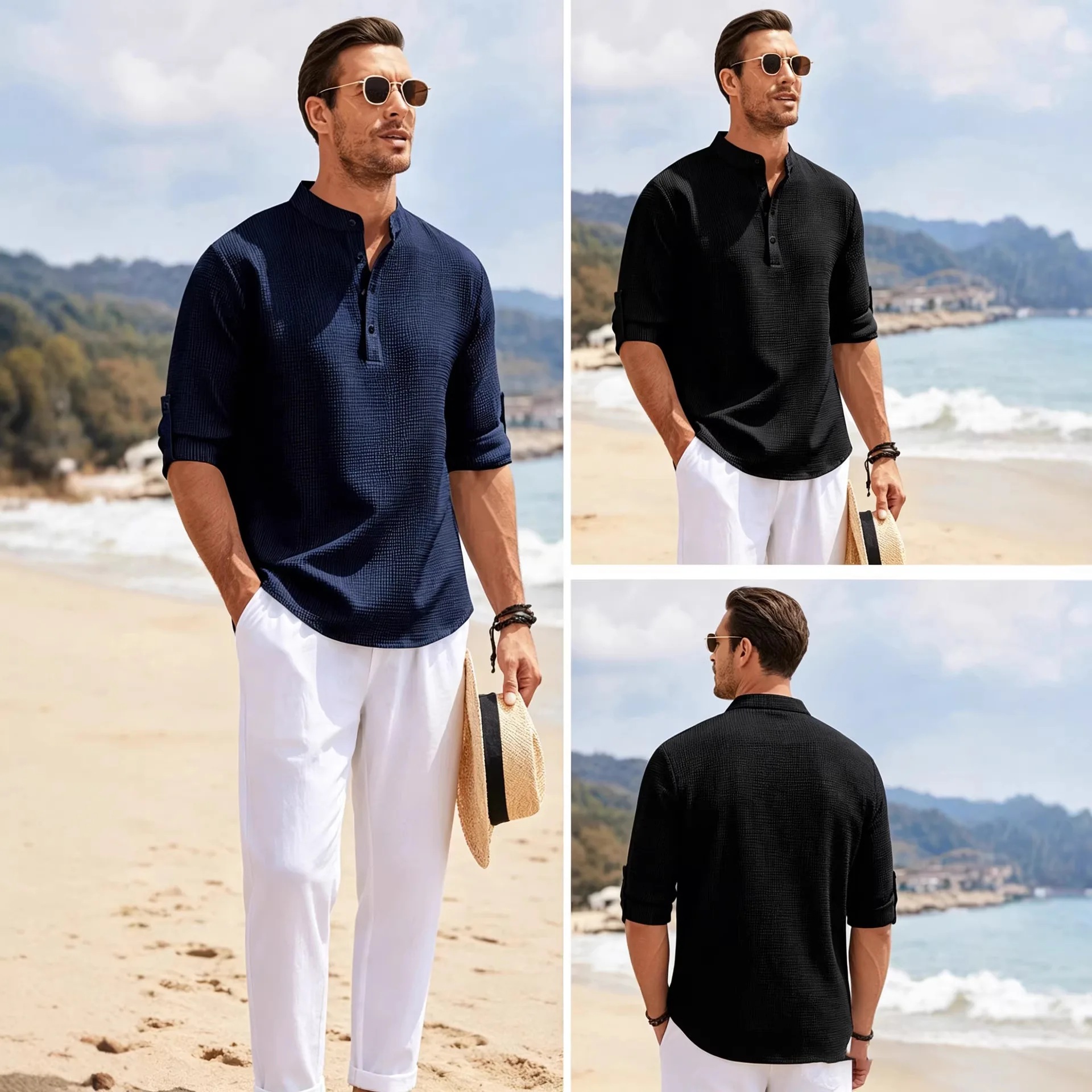 Men's Shirt Long Sleeve Stand-Up Collar Open Button Pineapple Plaid Shirt Men's Casual Shirt Top
