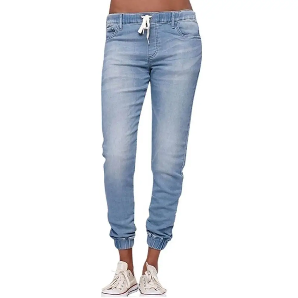 Women Denim Jeans Shorts Drawtring High Waist Stretch Knee Length Ripped Hole Short Jean Pants