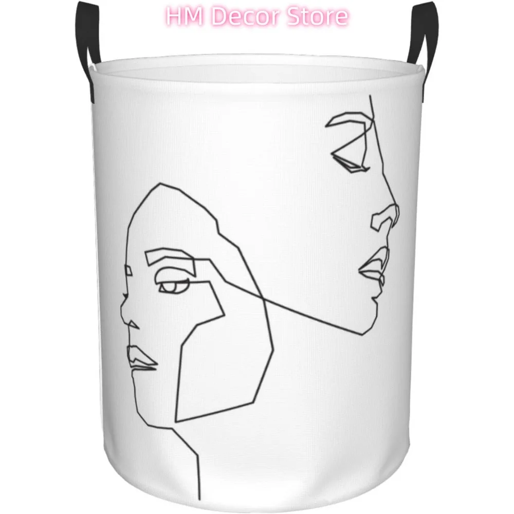 Woman Faces Line Drawing Black White Laundry Basket Waterproof Oxford Cloth Organizer Basket Collapsible Clothes Hamper with Han