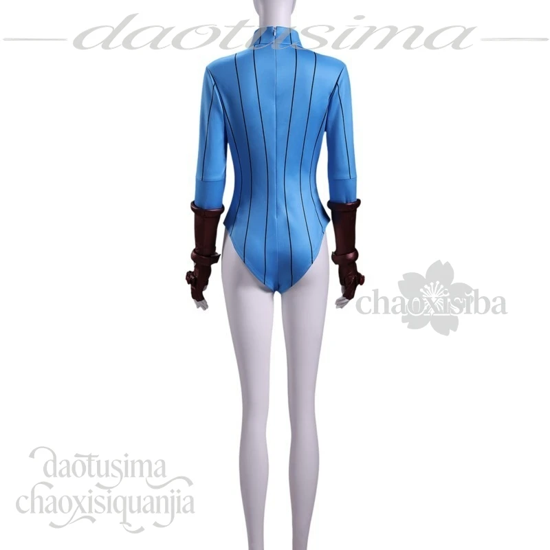 Street Fighter Cammy White Complete Cosplay Set Blue Stripes Bodysuit Jumpsuit Matching Headwear Gloves For Anime Dress‑up view 5