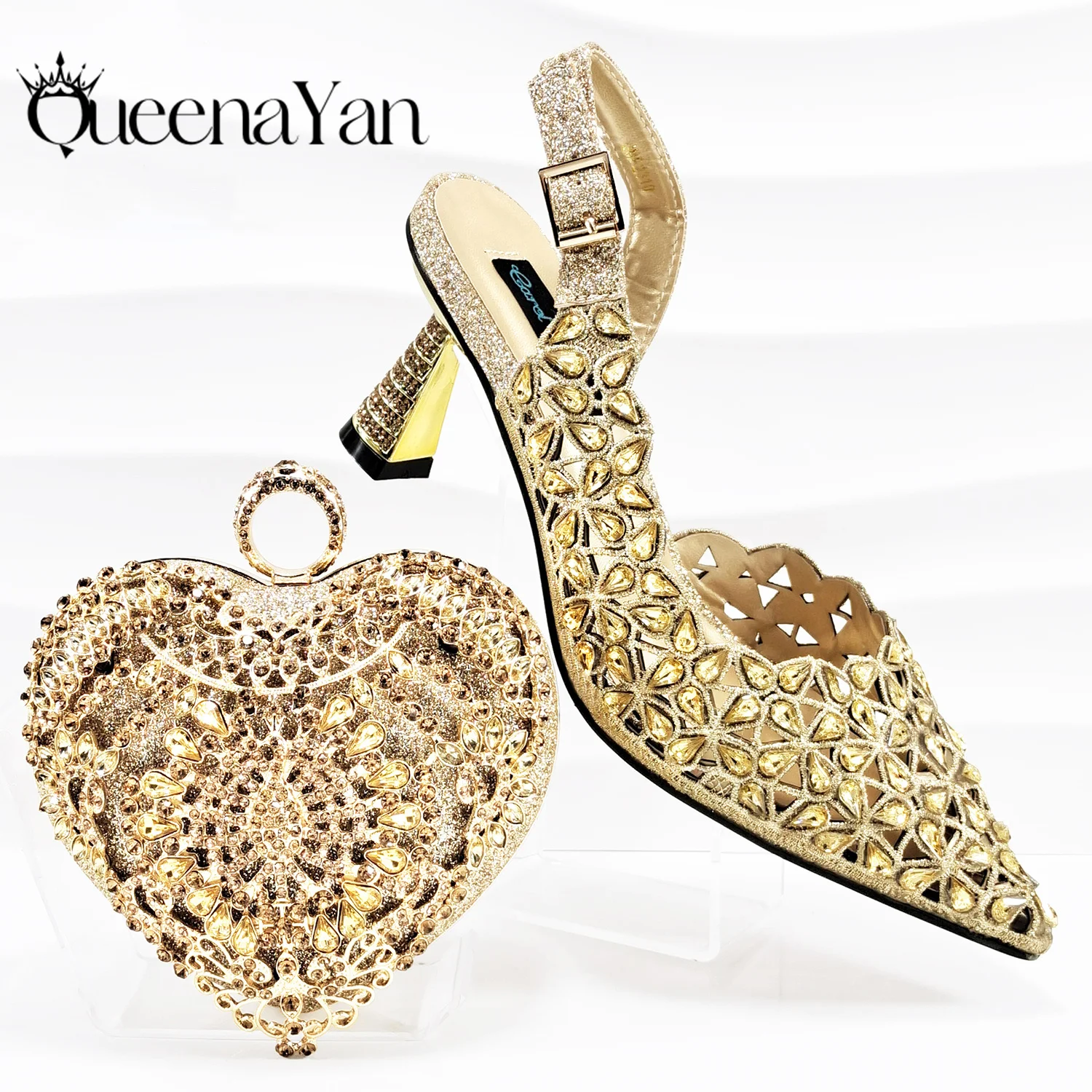 Rhinestone Embed Design Party Wedding Gold Color Pointed Toe High Heel Lady Shoes and Heart Shape Mini Bag