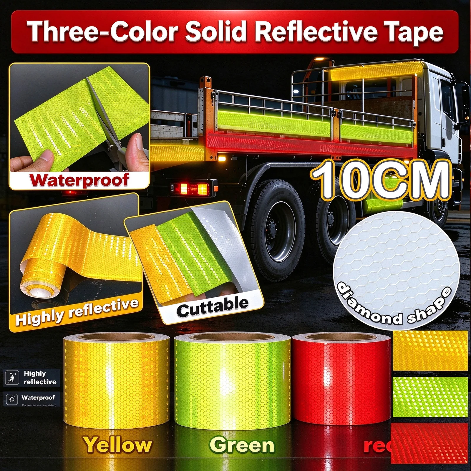 Reflective 10cm Car Stickers Outdoor Waterproof Warning Tapes White Red Fluorescent Yellow Reflectors Safety Strip