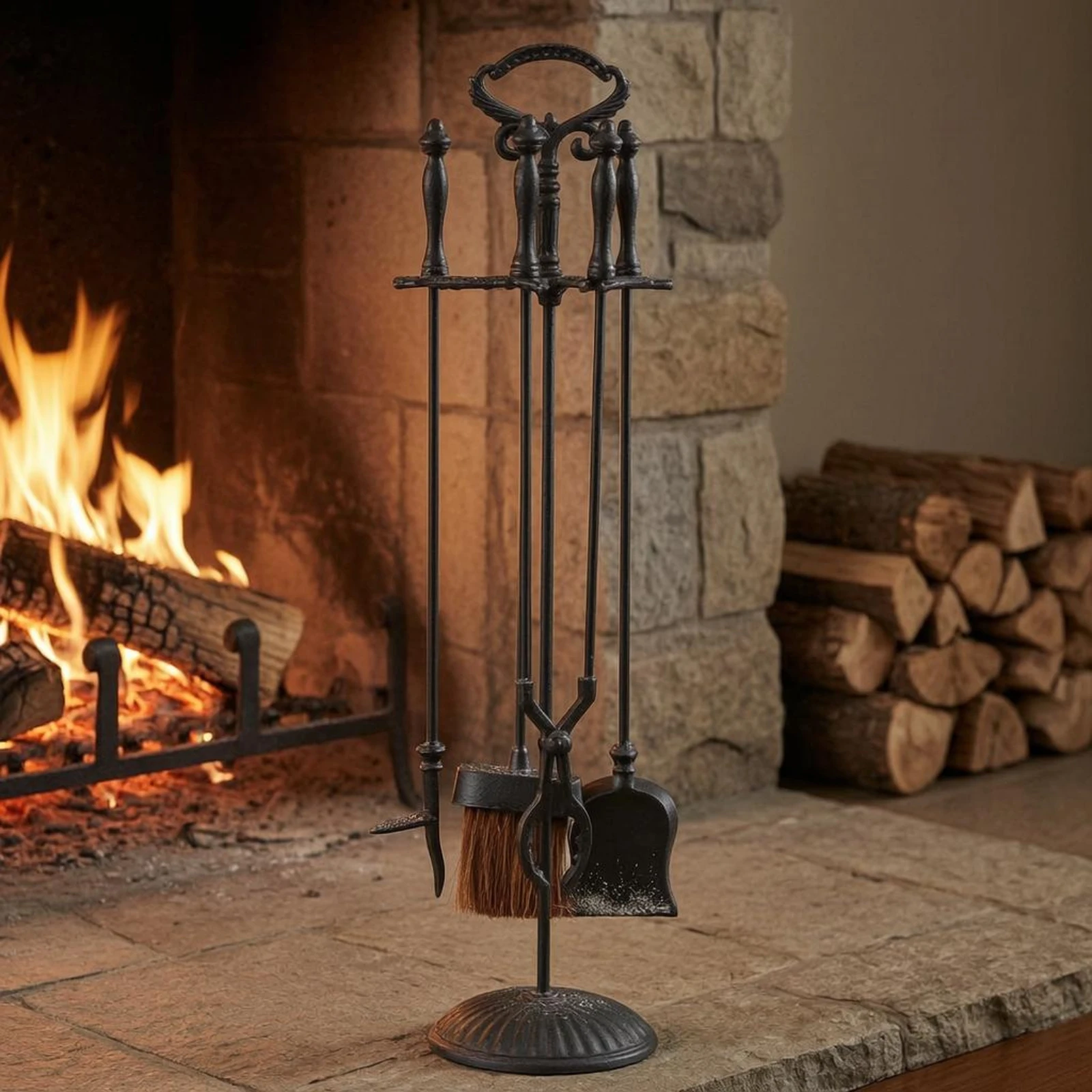 Cast Iron Fireplace Tool Stand Retro 4 Piece Fireplace Set Home Accessory Solid Construction Space Saving for Hearthside