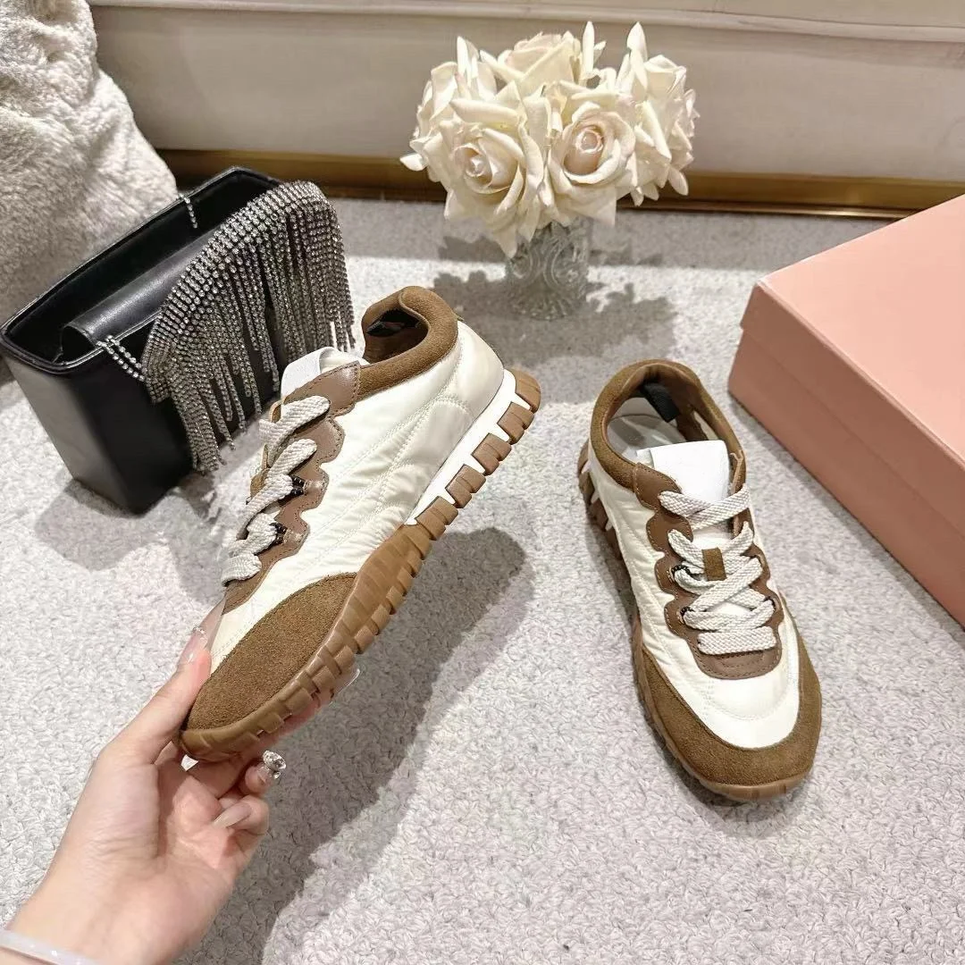 Spring Summer Chunky Mary Jane Sneakers Retro Logo Silk Rain Cloth & Cow Suede Upper