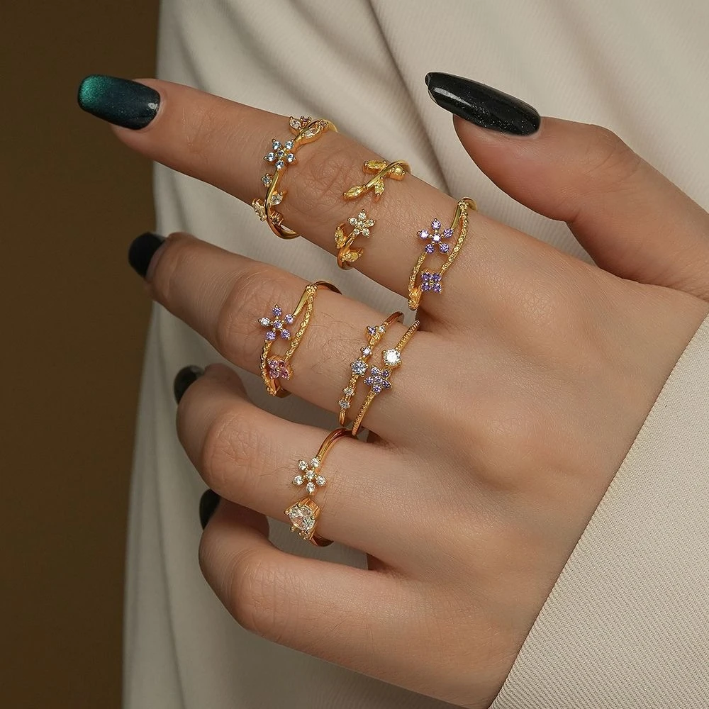 

CCFJOYAS 925 Sterling Silver 18K Gold Plated French Flower Zircon Rings for Women Light Luxury Colorful Zircon Open Ring Jewelry