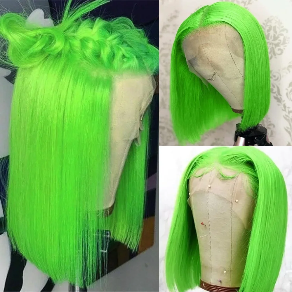 

Шелковистые короткие синтетические волосы, свободная часть, бесклеевые, предварительно выщипанные, лаймово-зеленые, 13X4, прямые парики спереди, кружевные передние, для женщин, вечерние