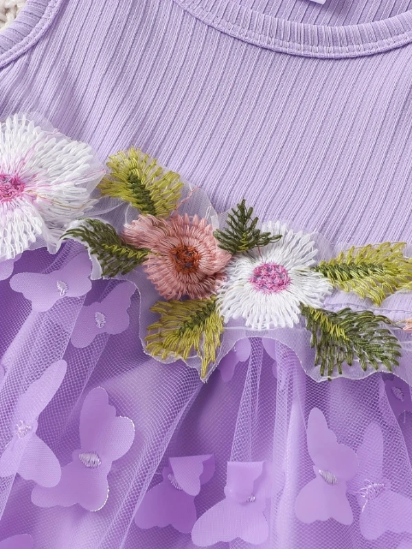 الزي الأرجواني للفتيات الصغيرات: فستان من التول على شكل فراشة ثلاثية الأبعاد + طقم سترة منسوجة مكشكشة مكون من قطعتين