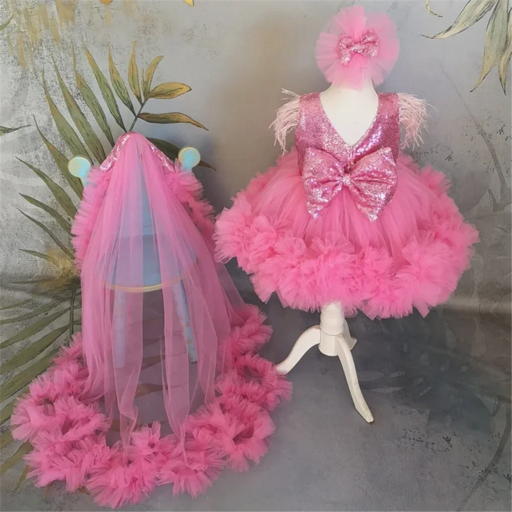 Robes de demoiselle d'honneur d'ange roses, nœud en tulle à paillettes et ficelle de queue pour mariage, cadeau d'anniversaire pour enfants, première communion, quoi que ce soit