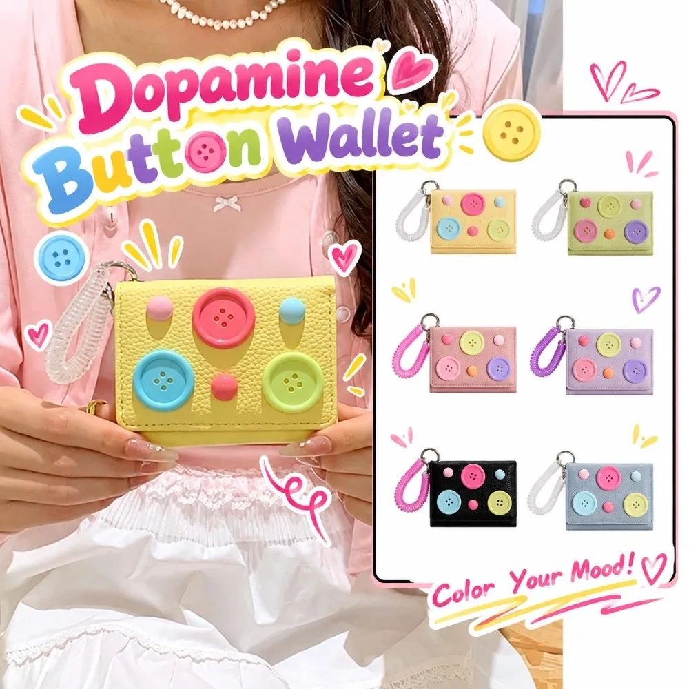 Large Capacity Dopamine Color Wallet Anti Lost Spiral Strap Button Mini Purse Compact Size Smooth Texture Tri-fold Card Holder