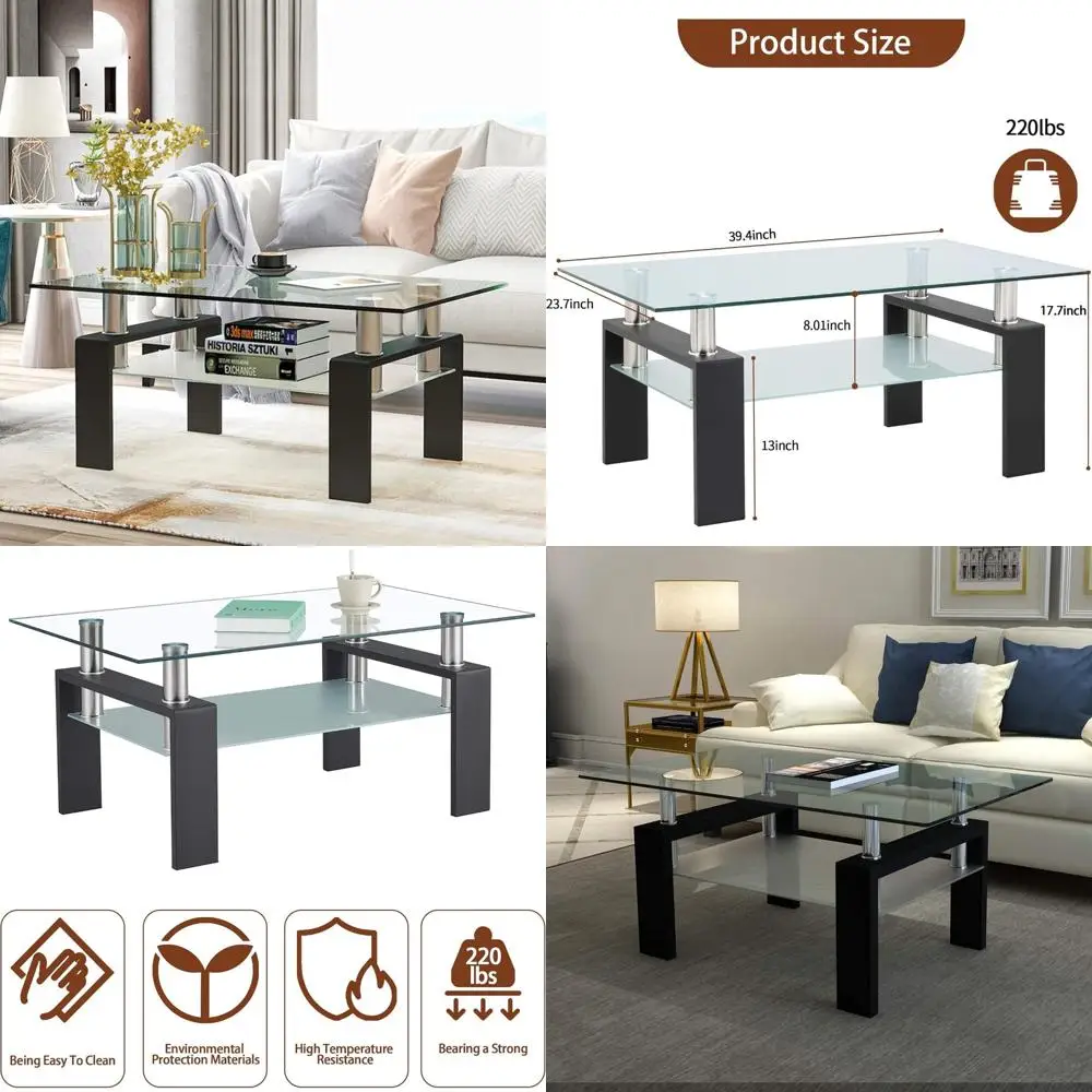 Mesa de centro moderna de vidrio rectangular de 2 niveles: centro de mesa de salón con funcionalidad de mesa de té