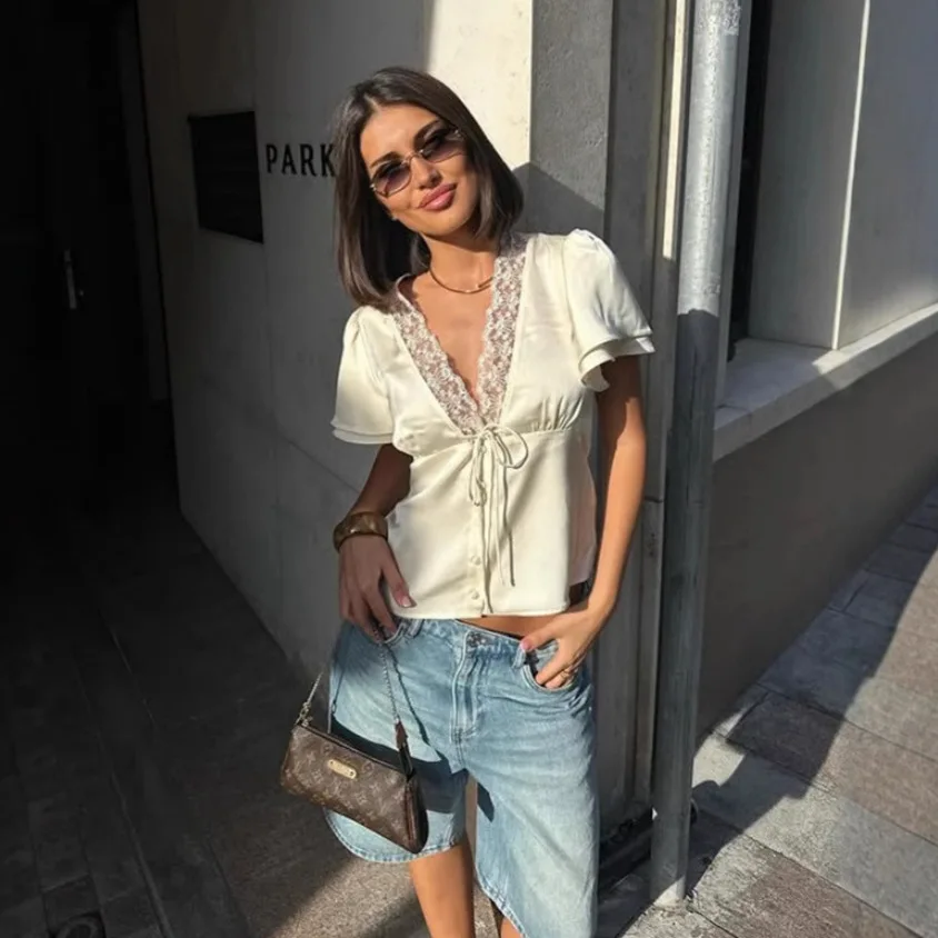 

2026 Summer Hot Sale Women's V Neck Lace Patchwork Tie Up Slim Fit Short Sleeve Blouse Elegant Party Crop Top For Streetwear