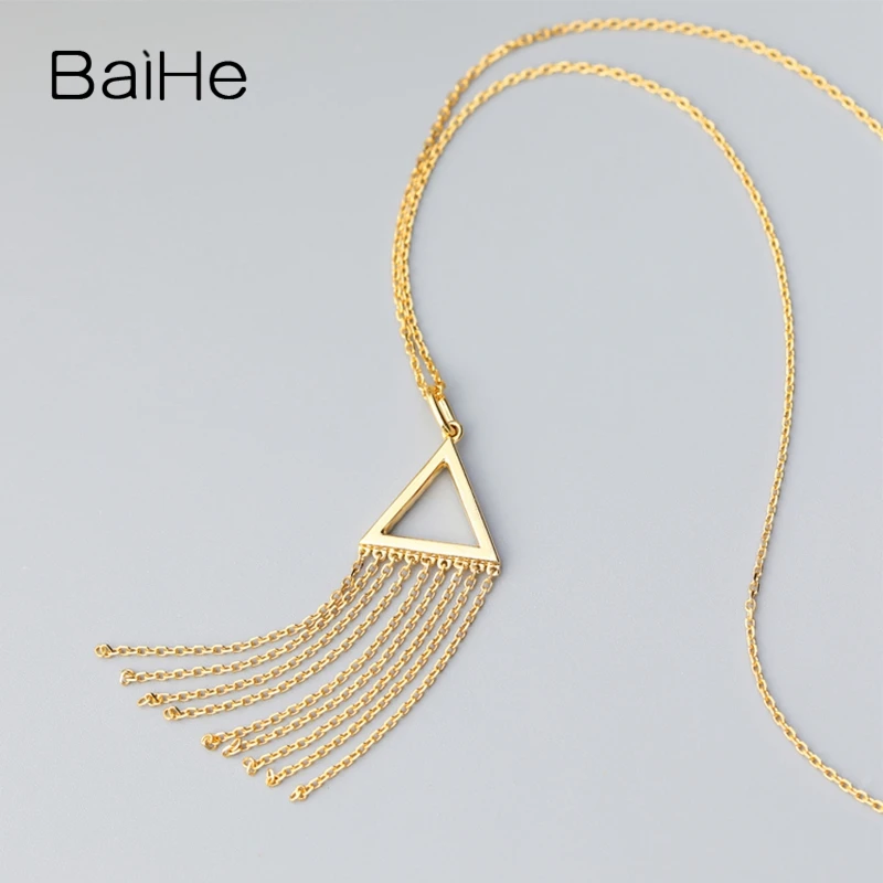 BAIHE Solid 18K Yellow Gold 0.20ct H/SI Natural Diamond triangle tassel Necklace Women Trendy Engagement Fine Jewelry chains