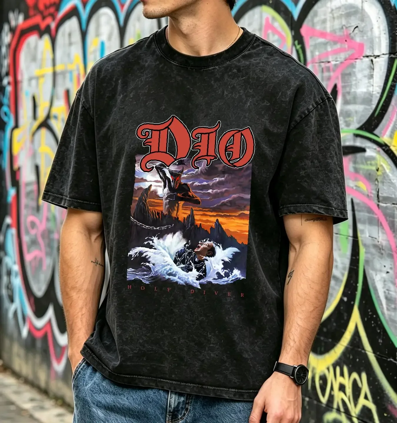 washed T Shirt DIO Holy Diver Mens Licensed Rock N Roll Music Band Retro New Black vintage Washed Slightly