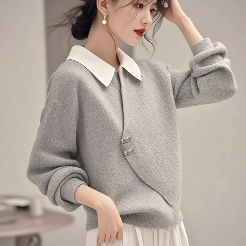 Office Lady Gray Fake Two-piece Sweater Wome Spring Korean Fashion Loose Casual Top Chic Button Commute Business Casual Knitwear