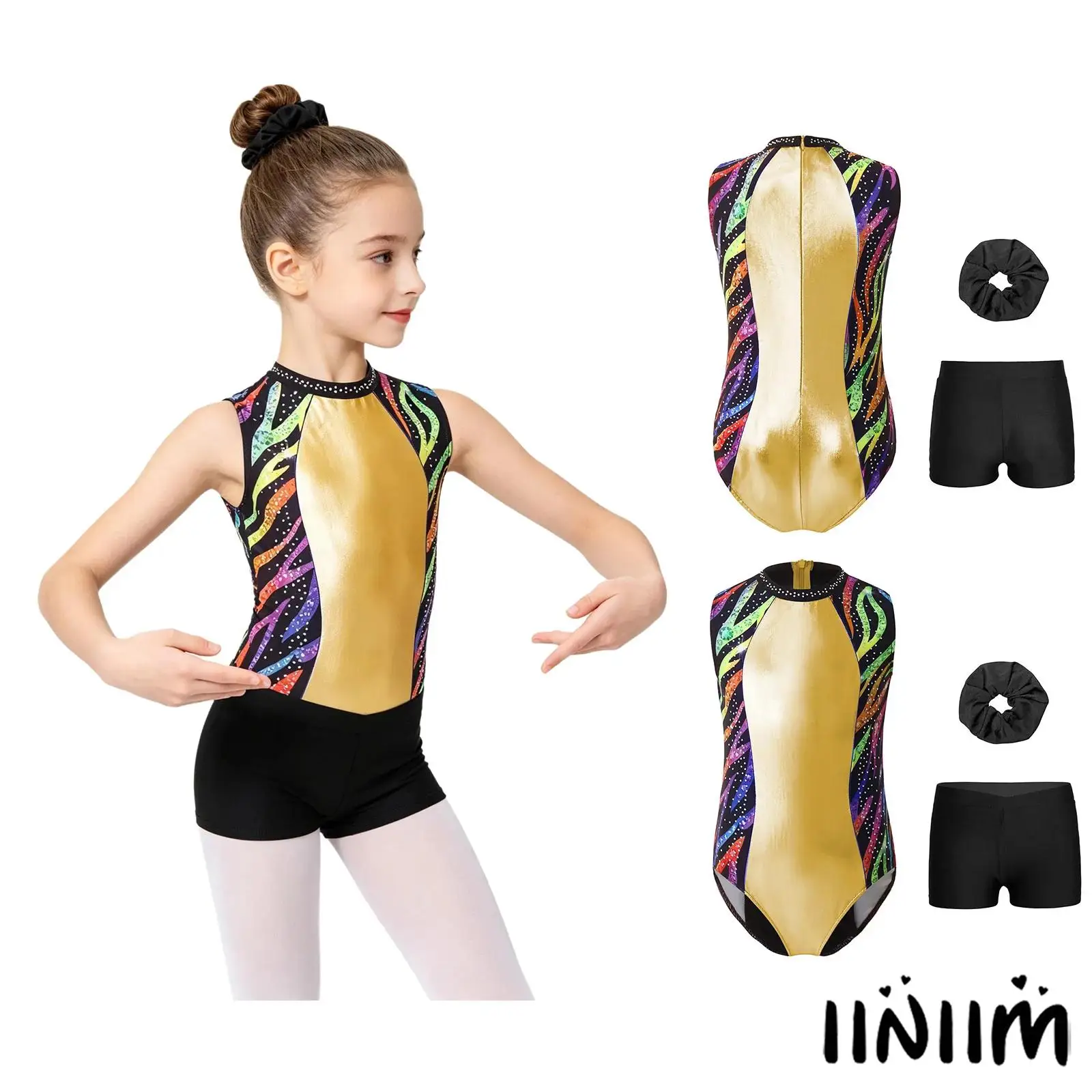 

Kids Girls Figure Skating Performance Dance Clothing Set Sleeveless Rhinestone Metallic Ballet Bodysuit+Shorts+Hair Scrunchie