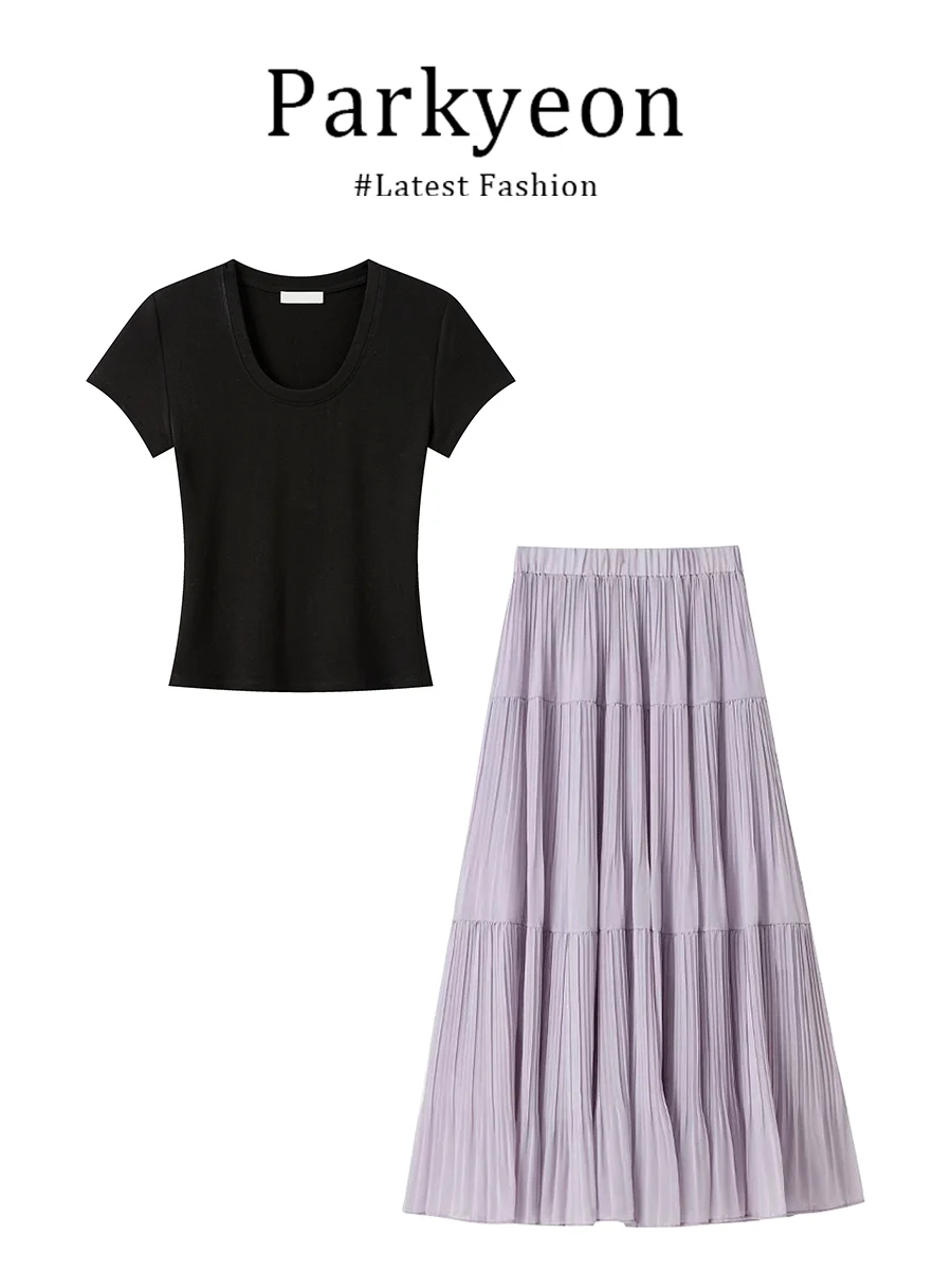 

Parkyeon Spring Summer Slim Fit V Neck Short Sleeve Top And Skirt Set Versatile Casual Style Lightweight Comfortable Material