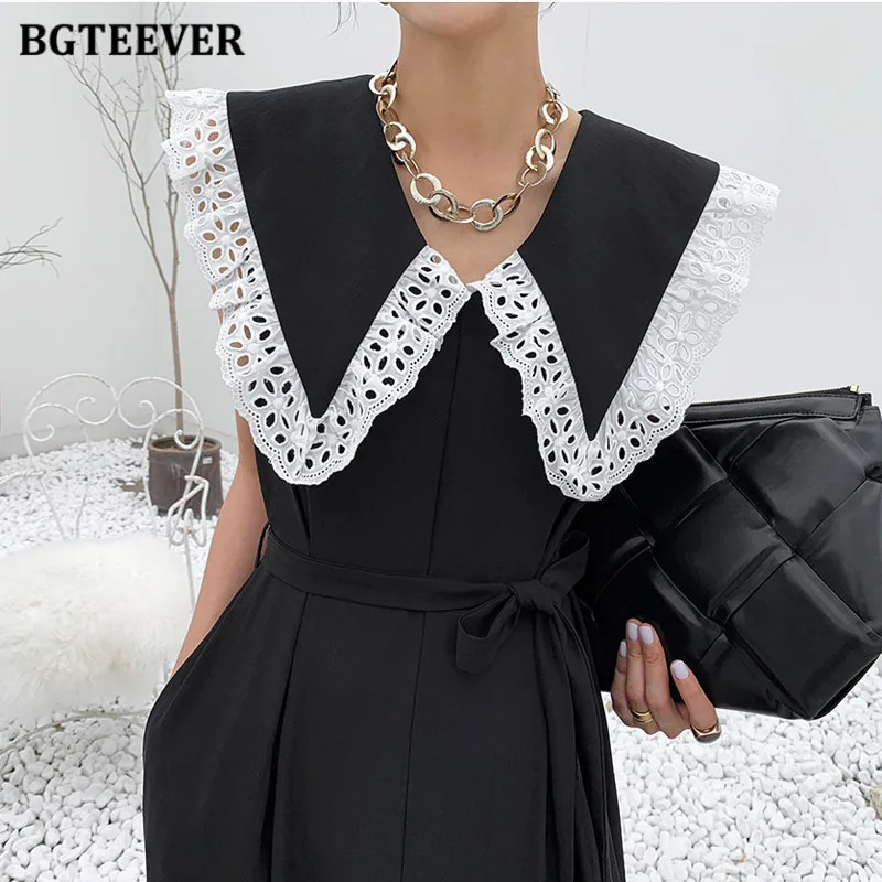 BGTEEVER Modne Długie Spodnie Damskie Kombinezony z Klapami, Koronkowymi Wstawkami, Sznurowane Kombinezony z Szerokimi Nogawkami, Letnie Stroje Damskie