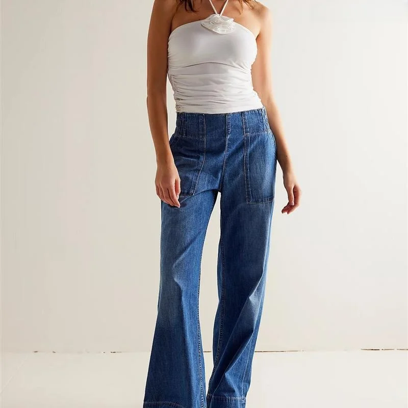 

Loose Wide Leg Casual Jeans Women's Folded Trousers Comfortable Elastic Waist l Waist European Sle Faion Ladies