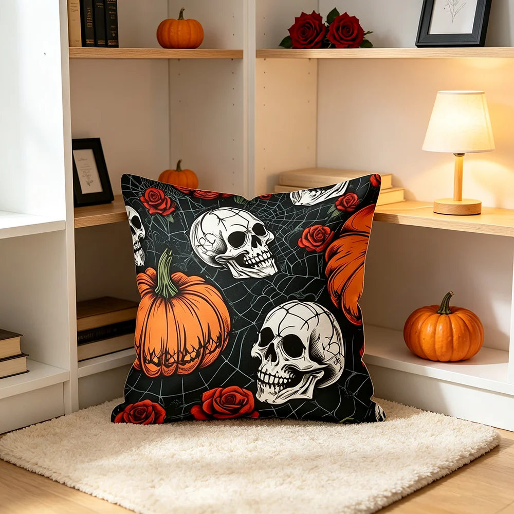 1PC Throw Pillow Cover,Skull Rose Pumpkin Spider Web Print,Halloween Gothic Style,For Sofa Bedroom Couch Home Decor