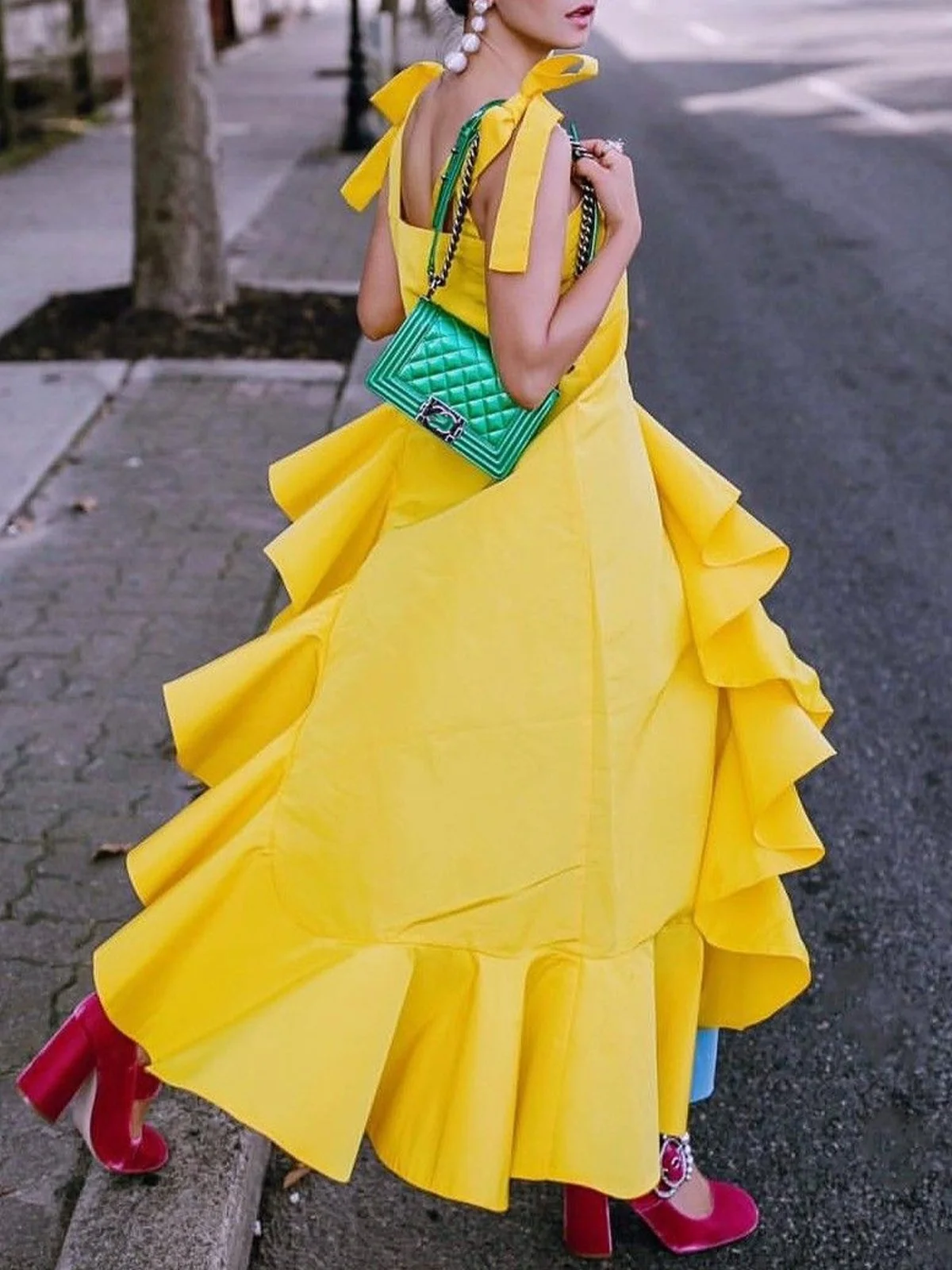 

Women's Fashion Sleeveless Tie-Shoulder Ruffled Peplum Tube Tops High-Low Asymmetric Fashion Casual Yellow Blouse