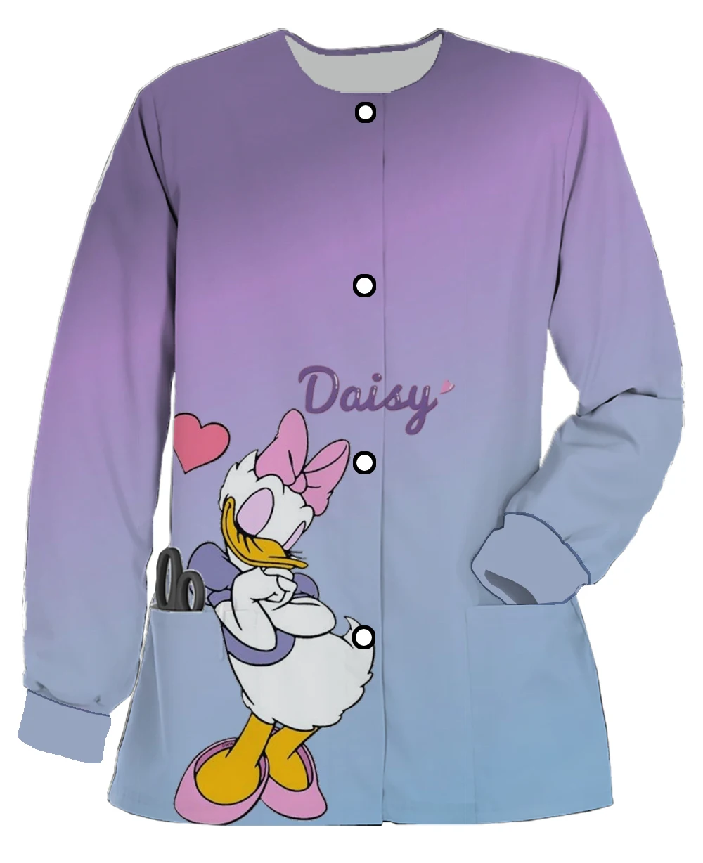 Disney Donald Duck Ladies Pocket Long Sleeve Round Neck Scrub Jacket Printed Dental Pet Shop Nurse Nursing Worker Nurse Coat